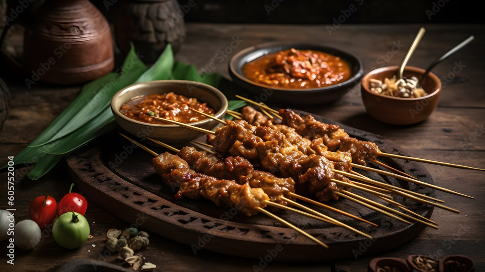 Indonesian chicken satay with peanut sauce ,generative ai