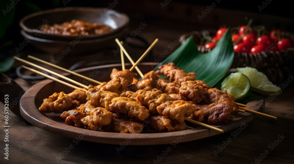 Chicken satay served with Indonesian peanut sauce on a banana leaf mat ,generative ai Chicken satay served with Indonesian peanut sauce on a banana leaf mat ,generative ai