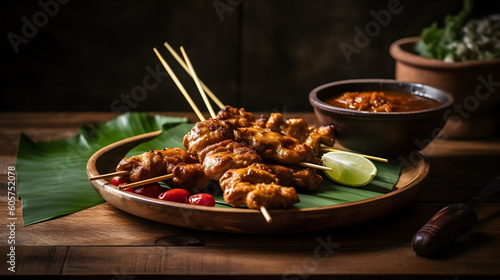 Chicken satay served with Indonesian peanut sauce on a banana leaf mat ,generative ai photo