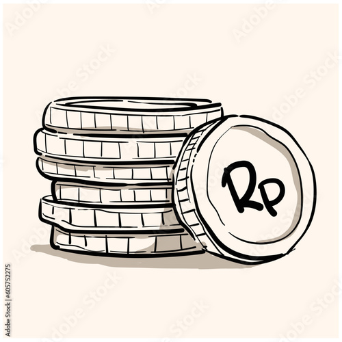 Stack of Coins Doodle (Rupiah), a hand drawn vector doodle illustration of a stack of gold coins with Rupiah currency sign on it.