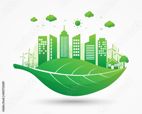 ecology and environment city on leaf concept. world earth day and sustainable development. green city save the world. environmentally friendly. vector illustration in flat style modern design.