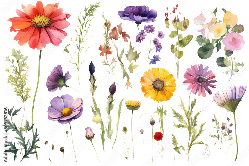 Floral flowers with abstract, green leaves and plants, Watercolor isolated pattern on white background, panoramic illustration summer, AI Generative AI Floral flowers with abstract, green leaves and plants, Watercolor isolated pattern on white background, panoramic illustration summer, AI Generative AI
