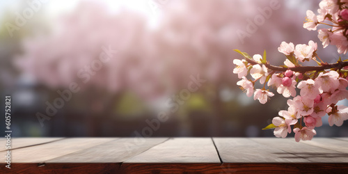 Empty wood table top and a blurred cherry tree blossom photo