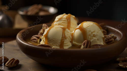 Vanilla ice cream caramel sauces crowned with pecans. Generative AI image