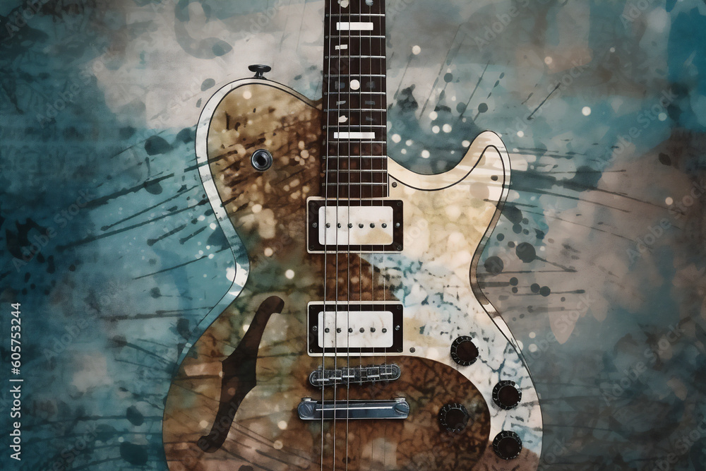 Fototapeta premium Abstract background illustration of a electric guitar with grunge noise and colorful texture. Music industry theme. Generative AI