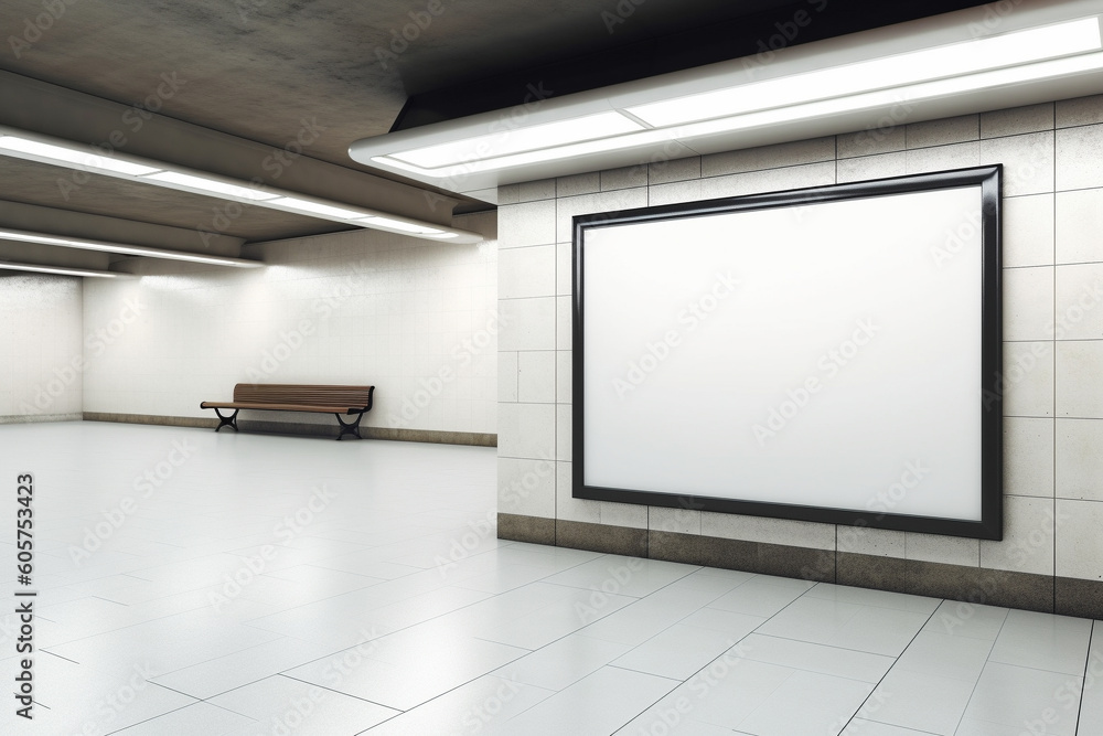 Empty white chalkboard in train station. Generative AI image Empty white chalkboard in train station. Generative AI image