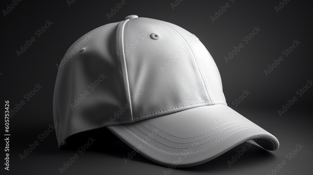 A white baseball cap on a gray background. Generative AI image A white baseball cap on a gray background. Generative AI image