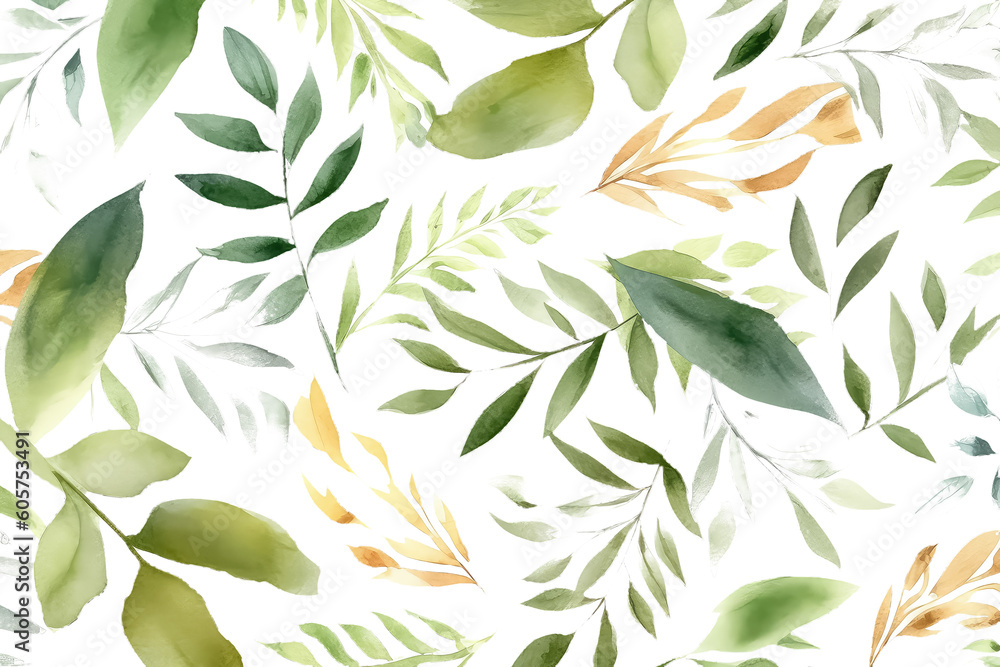 repeat pattern of green watercolor leaves on white background, AI Generative AI