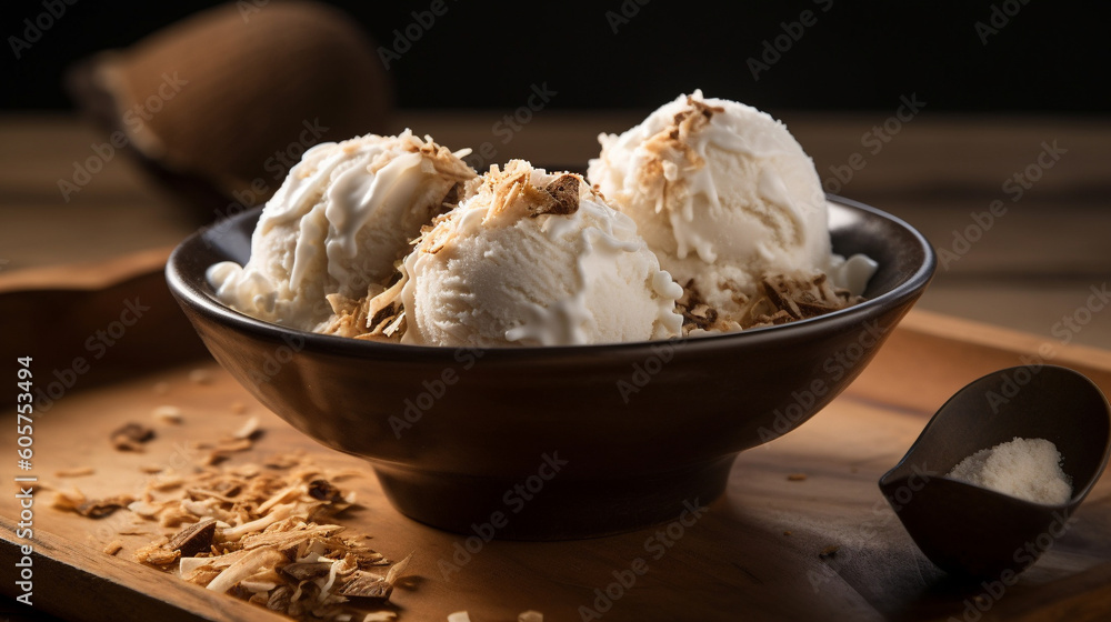 Scoop of creamy coconut ice cream. Generative AI image Scoop of creamy coconut ice cream. Generative AI image