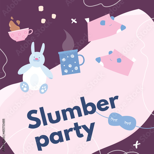 Squared banner about slumber party flat style, vector illustration