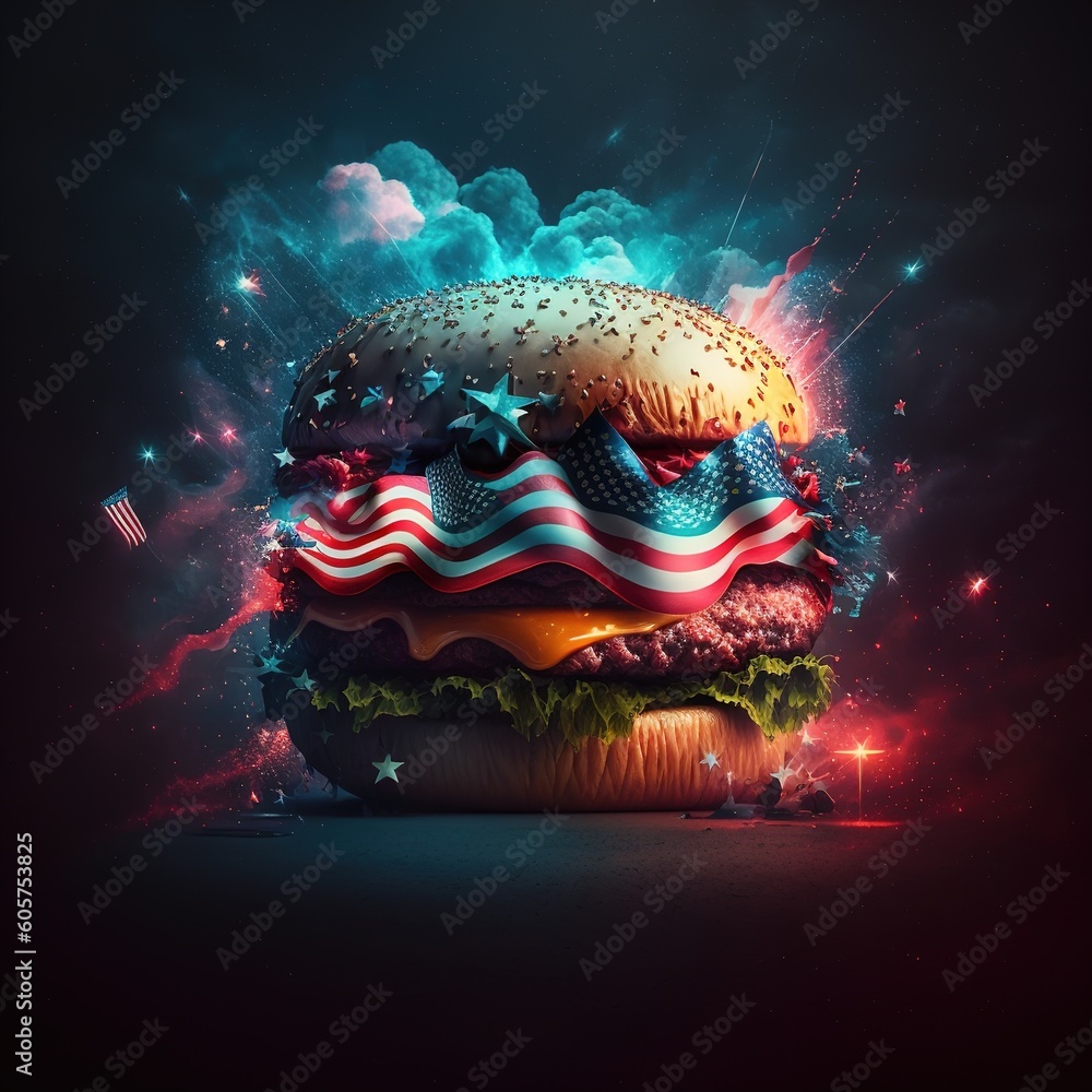 Concept art of a hamburger with the American flag, fireworks, splashes, bang and bright colors dedicated to the holiday of the USA Independence Day - July 4th.Generative AI