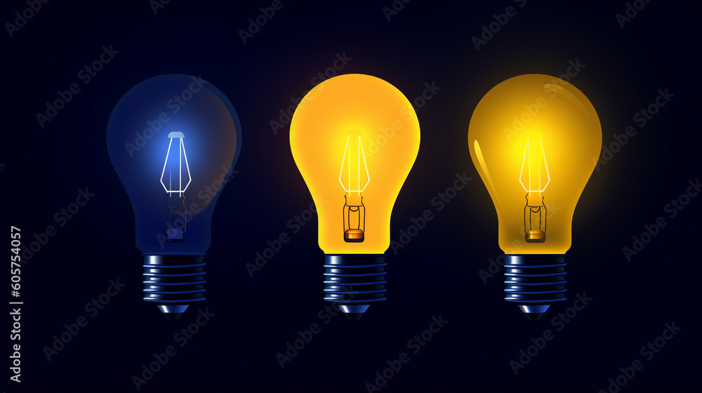 Three light bulb icon with different colors. Generative AI image Three light bulb icon with different colors. Generative AI image