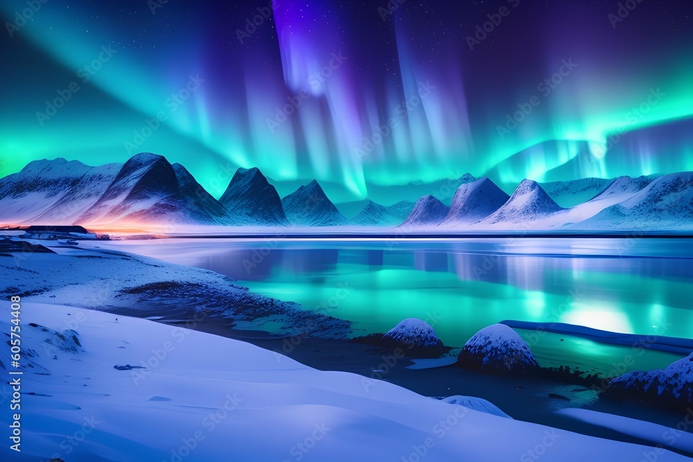 over the mountains and the sandy beach. starry sky with northern lights, polar lights. night landscape with frozen seashore, blue sky - generative ai
