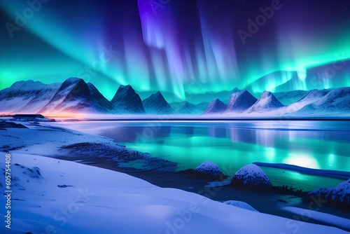 over the mountains and the sandy beach. starry sky with northern lights, polar lights. night landscape with frozen seashore, blue sky - generative ai 