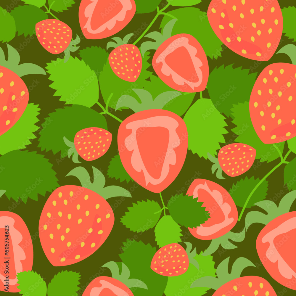 Strawberries with green leaves hand drawn seamless pattern background. Organic summer fruit piece.Vector illustration Strawberries with green leaves hand drawn seamless pattern background. Organic summer fruit piece.Vector illustration