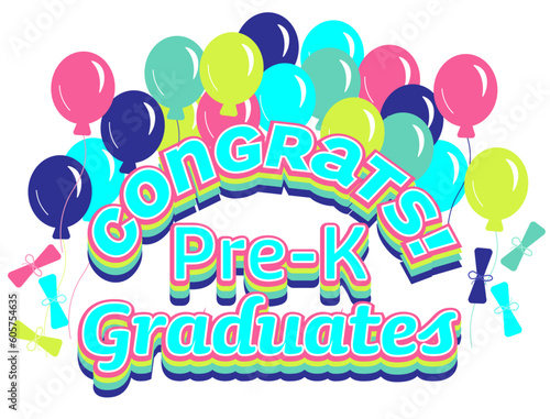 Pre-K Graduation Banner Text with Bright Colors and Balloons