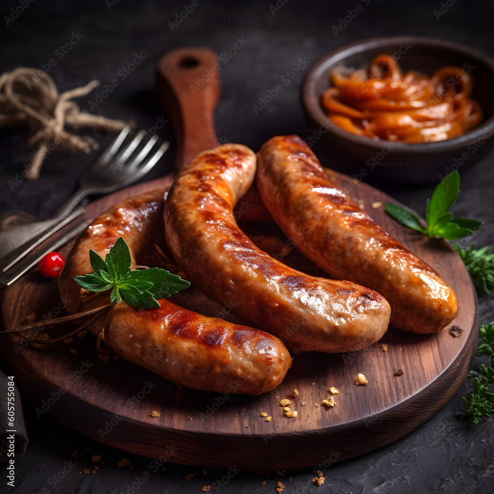 grilled sausage dish on a wooden board ,generative ai grilled sausage dish on a wooden board ,generative ai