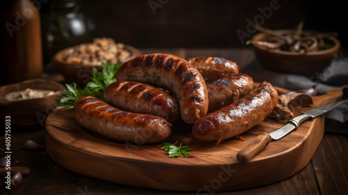 grilled sausage dish on a wooden plate ,generative ai