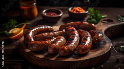 grilled sausage dish on a wooden plate ,generative ai