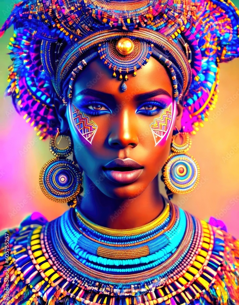 African model with tribal makeup, Fictional Person created by Generative AI technology