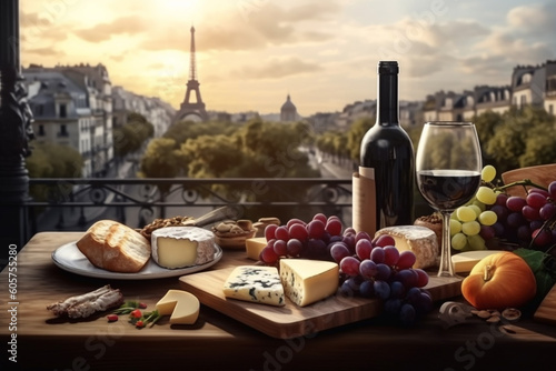 Food, beverage and travel concept. Bottle of wine, glasses, cheese snacks, grapes and Paris old town cityscape background. Generative AI