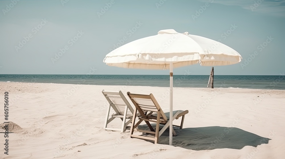 White umbrella with chairs on the beautiful sand beach with sea and blue sky in the background 