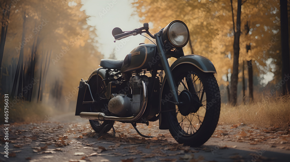 Imagem de uma moto antiga no meio da estrada