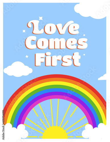 Illustration for Pride Day. LQBTQ illustration. Pride day, pride month. Rainbow in the sky with sun and text. Flyer for Pride Month and Day.