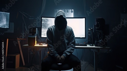 Shot from the Back to Hooded Hacker Breaking into Corporate Data Servers from His Underground Hideout. Place has Dark Atmosphere and Multiple Displays