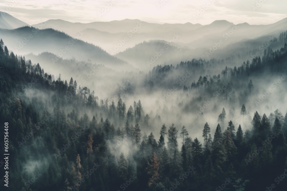 A foggy forest with mountains in the background