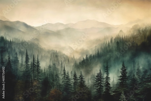 A foggy forest with mountains in the background © Pinevilla