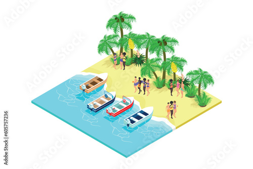 Party, Rest on the beach with palm trees isometric people in swimsuits with drinks near the boats. vector illustration.