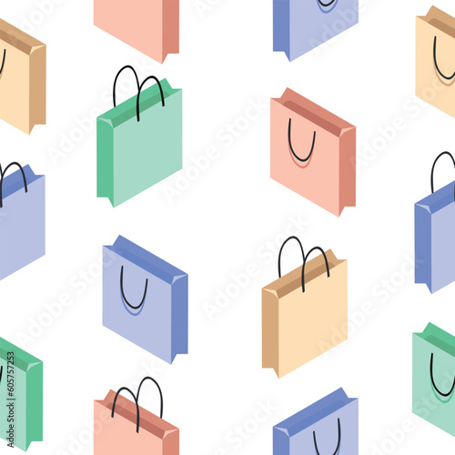 seamless pattern Paper bags isothermal set of yellow, green, blue and orange color. on a white background. Isolated vector illustration 