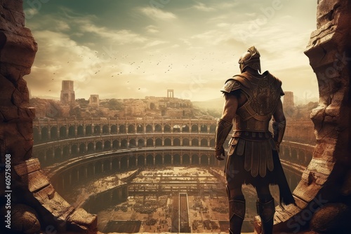 Armoured Roman SPQR Gladiator overlooking the amphitheater of ancient Rome. Generative AI photo