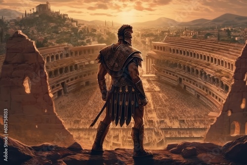 Armoured Roman SPQR Gladiator overlooking the amphitheater of ancient Rome. Generative AI photo