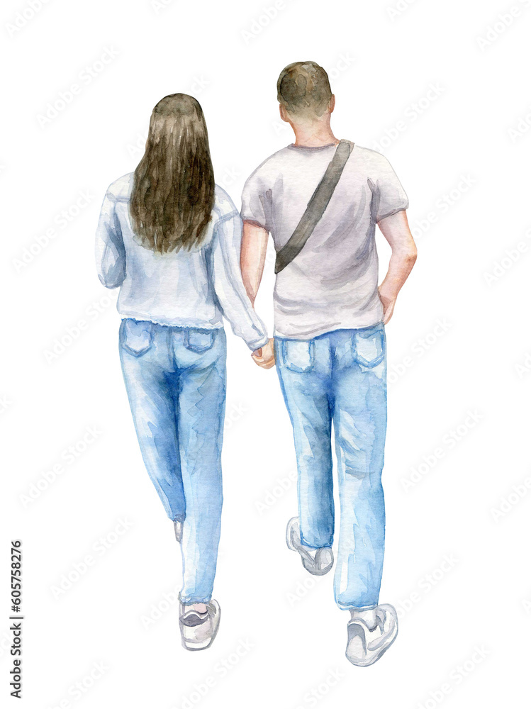 loving couple, couple in love in jeans, a guy and a girl of European race. Valentine's day concept. Digital art painting