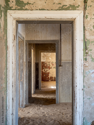 Architectural views of sand filled abandoned homes in diamond mining ghost town.