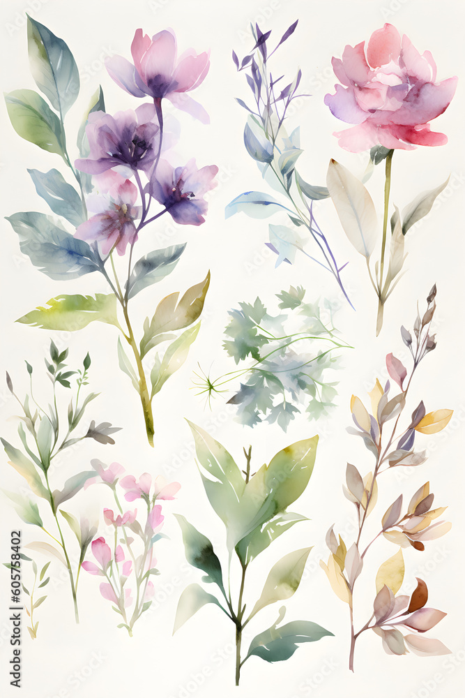 Nature's Art Digitized A gorgeous collection of watercolor leaves and flowers, digitally captured by a Generative AI, perfect for bringing a touch of nature to your designs.