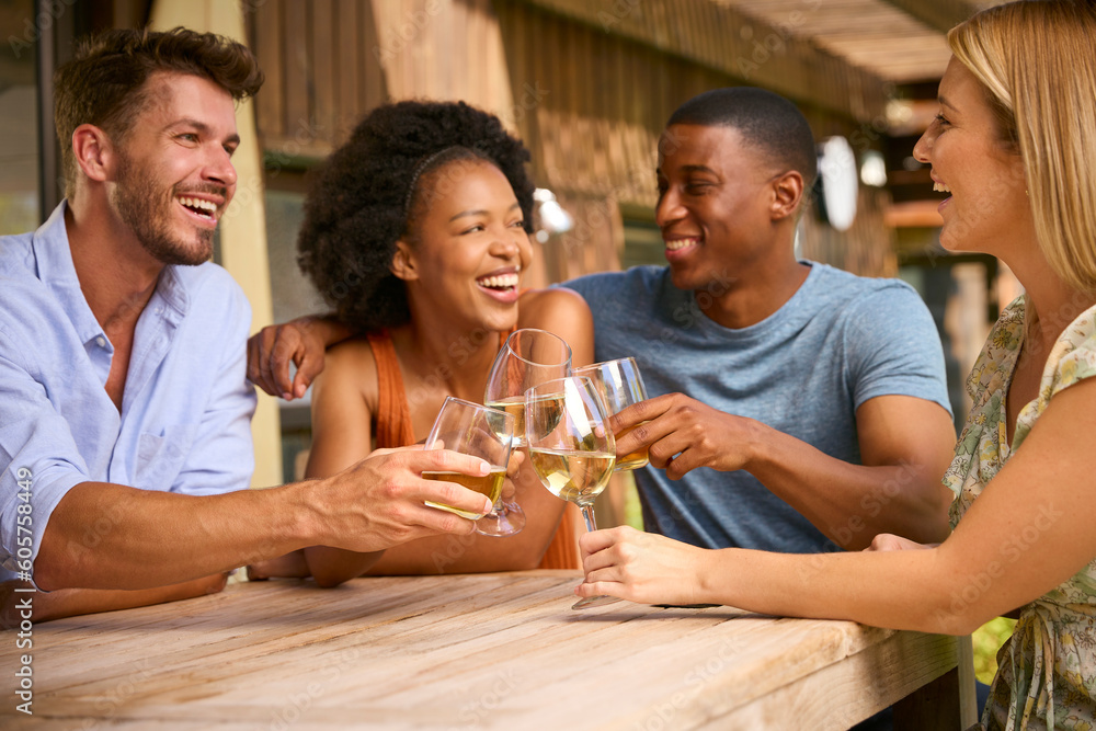 Group Of Smiling Multi-Cultural Friends Outdoors At Home Drinking Wine Together Group Of Smiling Multi-Cultural Friends Outdoors At Home Drinking Wine Together