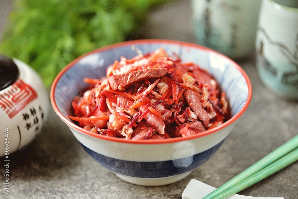Chinese salad with meat, Chinese cabbage, beets, onions, carrots, olive oil and vinegar Chinese salad with meat, Chinese cabbage, beets, onions, carrots, olive oil and vinegar