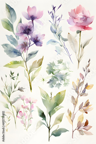 Nature's Art Digitized A gorgeous collection of watercolor leaves and flowers, digitally captured by a Generative AI, perfect for bringing a touch of nature to your designs. © Shahid