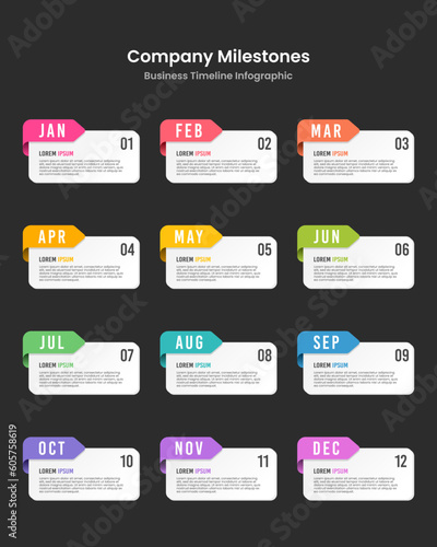 Infographic template 12 months business timeline milestone presentation. Vector illustration.