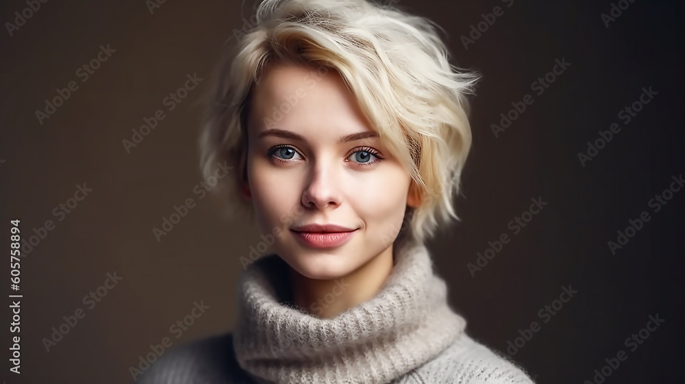 Beauty portrait of smiling adult blonde woman with short hairstyle and glamour makeup, wearing warm fashionable sweater, generative AI tools Beauty portrait of smiling adult blonde woman with short hairstyle and glamour makeup, wearing warm fashionable sweater, generative AI tools