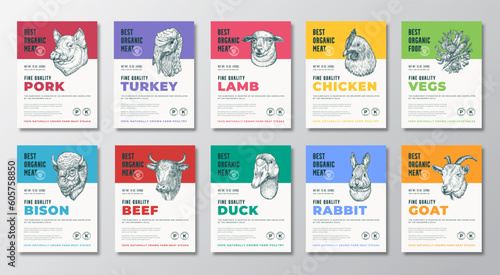 Best Organic Meat, Poultry, Herbs and Vegetables Vector Label Packaging Templates Set. Farm Grown Products Banners Hand Drawn Domestic Animal Heads Silhouette Backgrounds Layout Collection