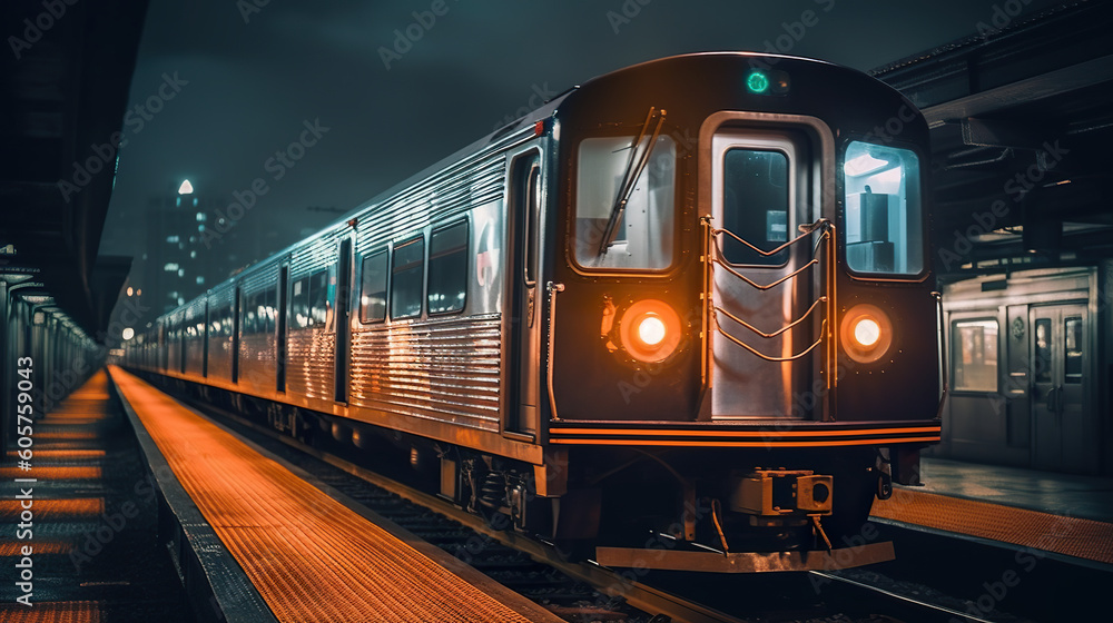 A train on a train track at night. Generative AI. A train on a train track at night. Generative AI.
