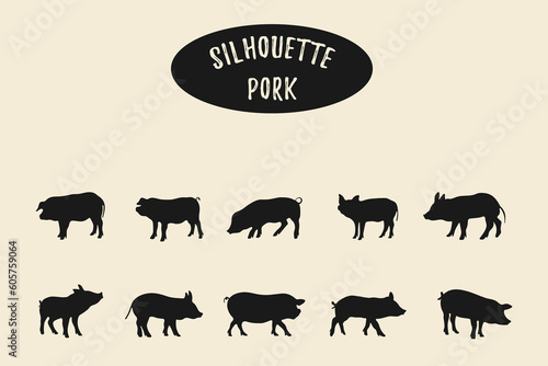 Pig Silhouette, Pig animal silhouettes, Pig black silhouette isolated on white background