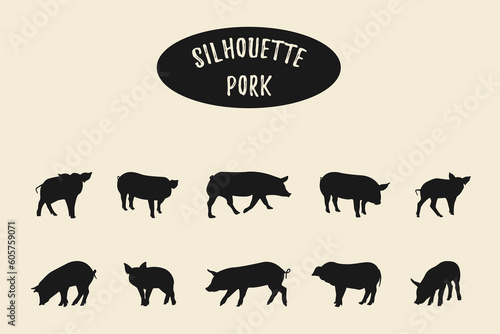 Pig Silhouette, Pig animal silhouettes, Pig black silhouette isolated on white background