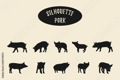 Pig Silhouette, Pig animal silhouettes, Pig black silhouette isolated on white background