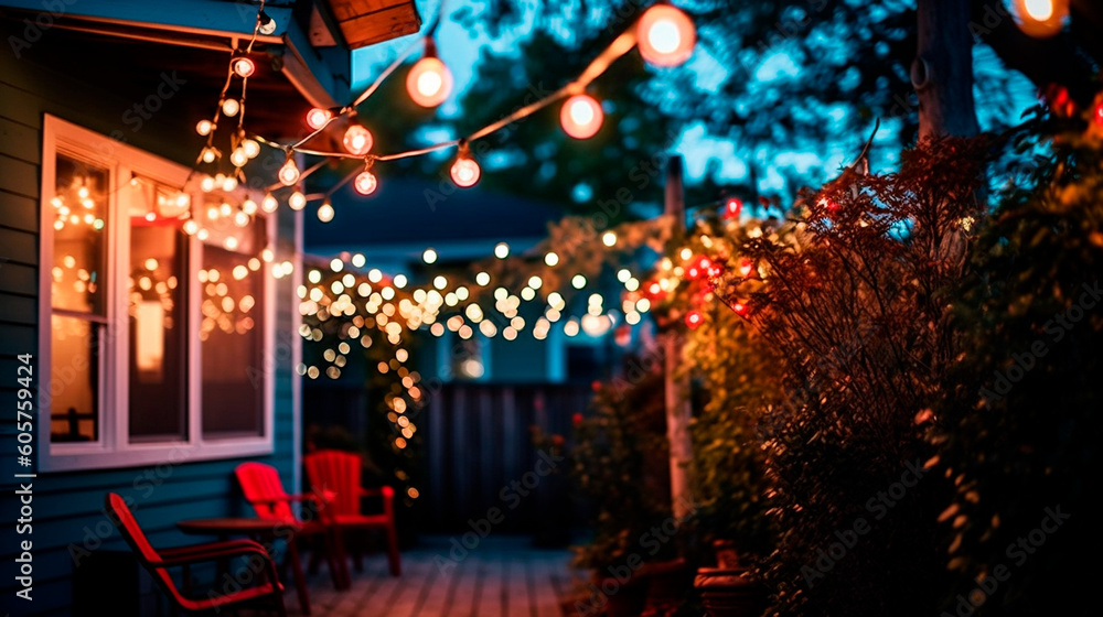 Enchanting Backyard Oasis: String Lights Illuminate a Cozy Outdoor Space in Red, White, and Red Hues. Generative AI.