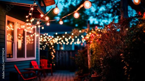 Enchanting Backyard Oasis  String Lights Illuminate a Cozy Outdoor Space in Red  White  and Red Hues. Generative AI.